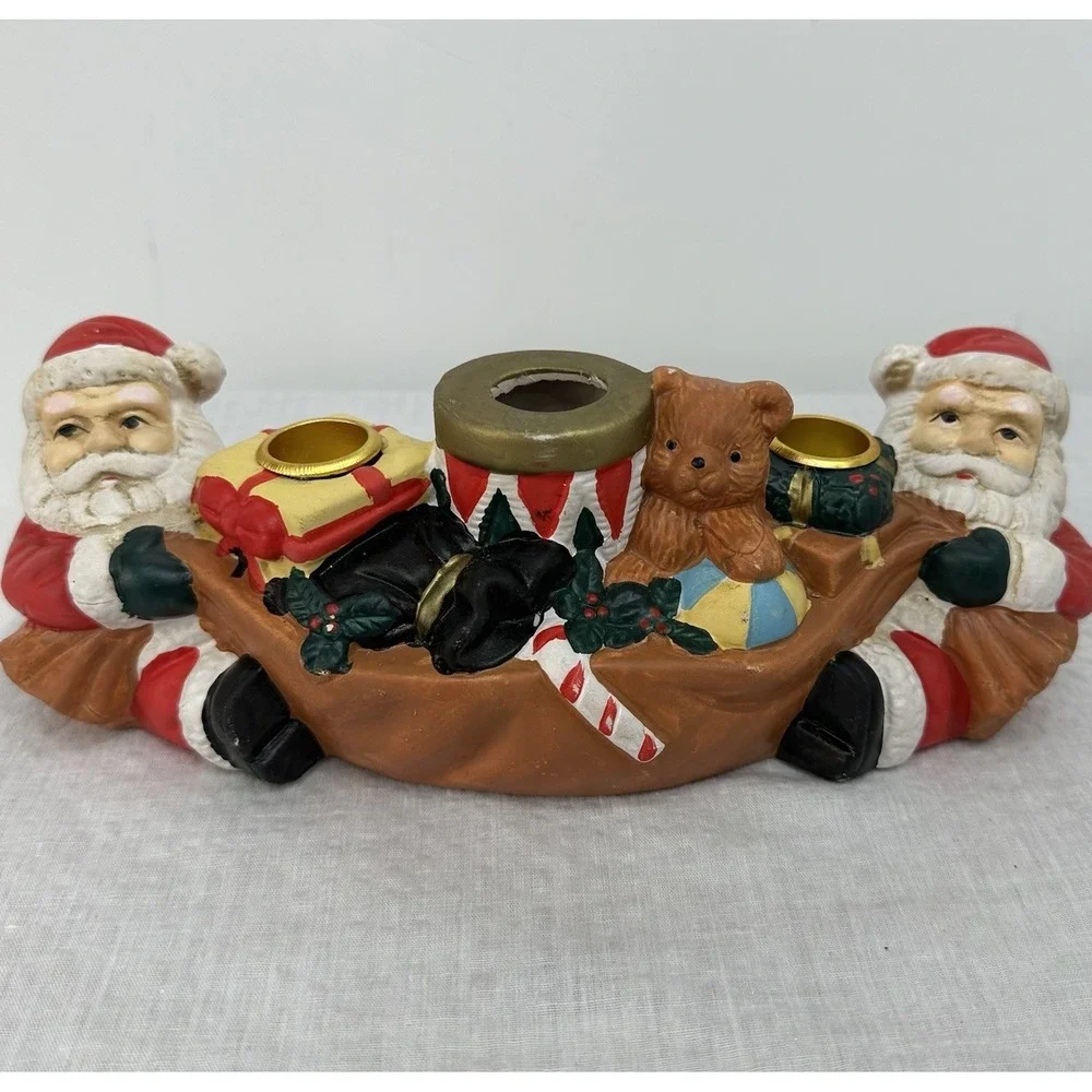 Vintage Santa Claus Christmas 3 Taper Candle Stick‎ Holder Ceramic MCM Kitsch